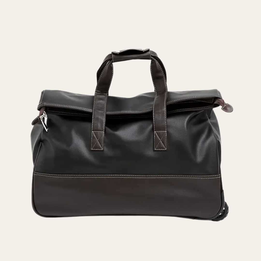 Grand sac de voyage sur roulettes en cuir.