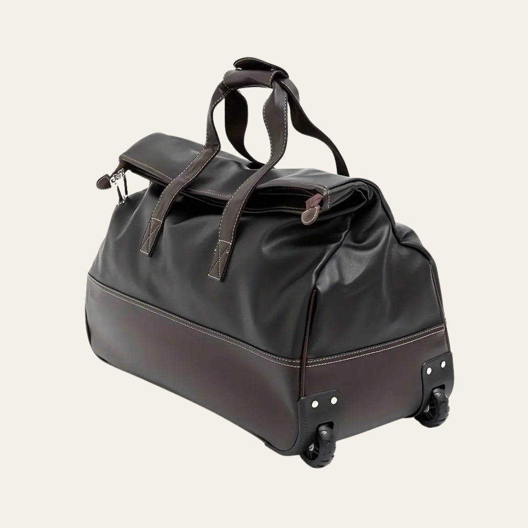 Grand sac de voyage sur roulettes en cuir.