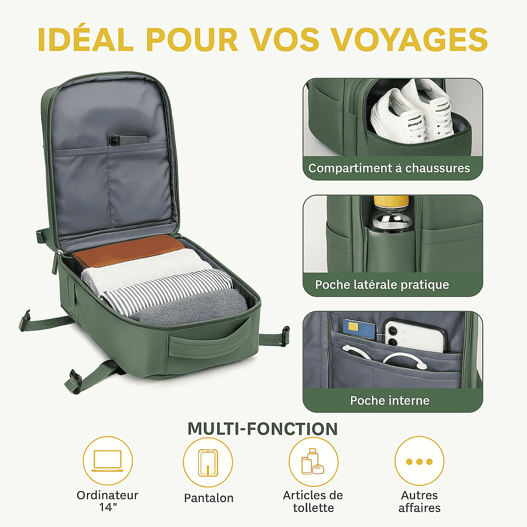 Sac à dos cabine vert - compartiment chaussures – Format Ryanair