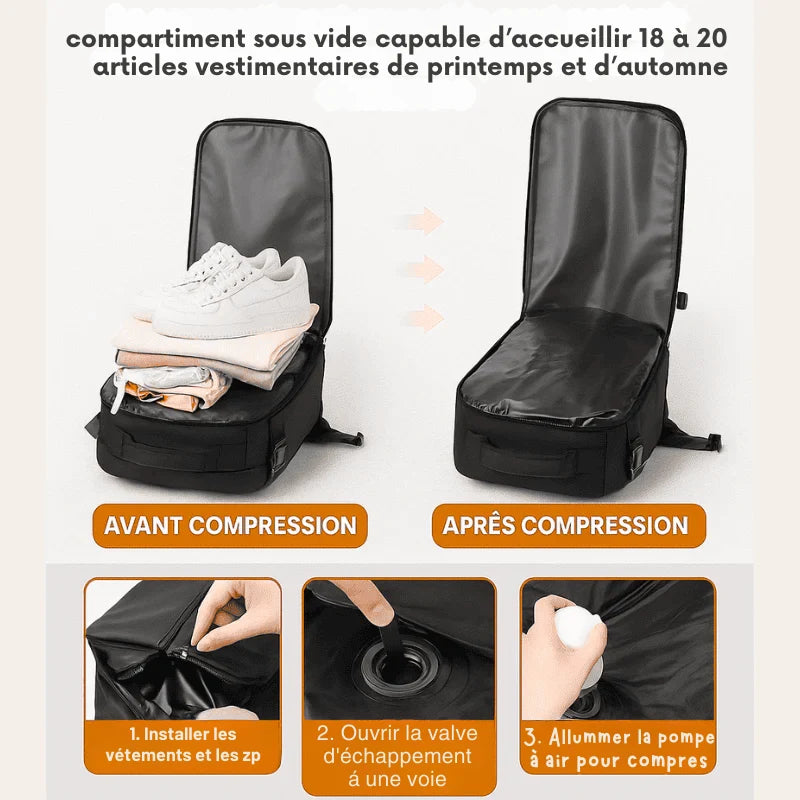 Sac à dos cabine compressible sous vide noir